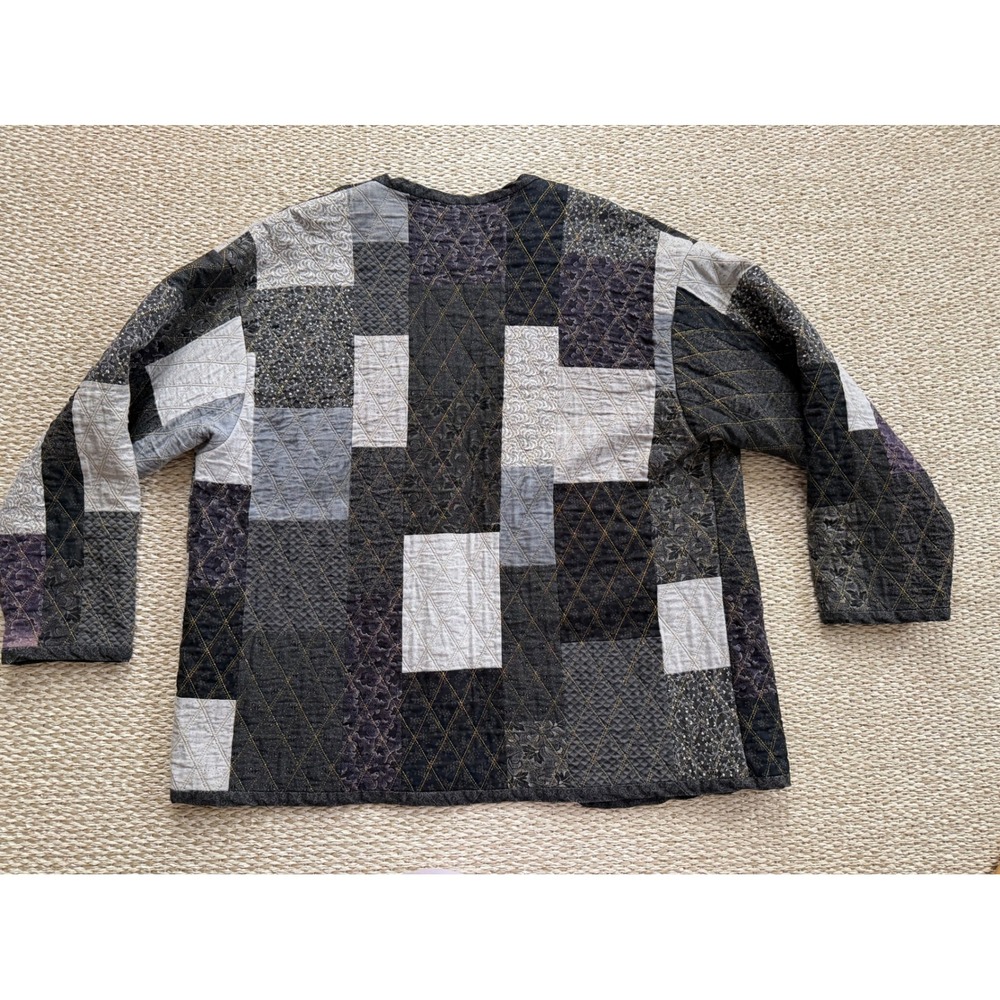 Handmade Quilted Patchwork Jacket Open Front Cardigan Black Grey Boho XL - Picture 7 of 7